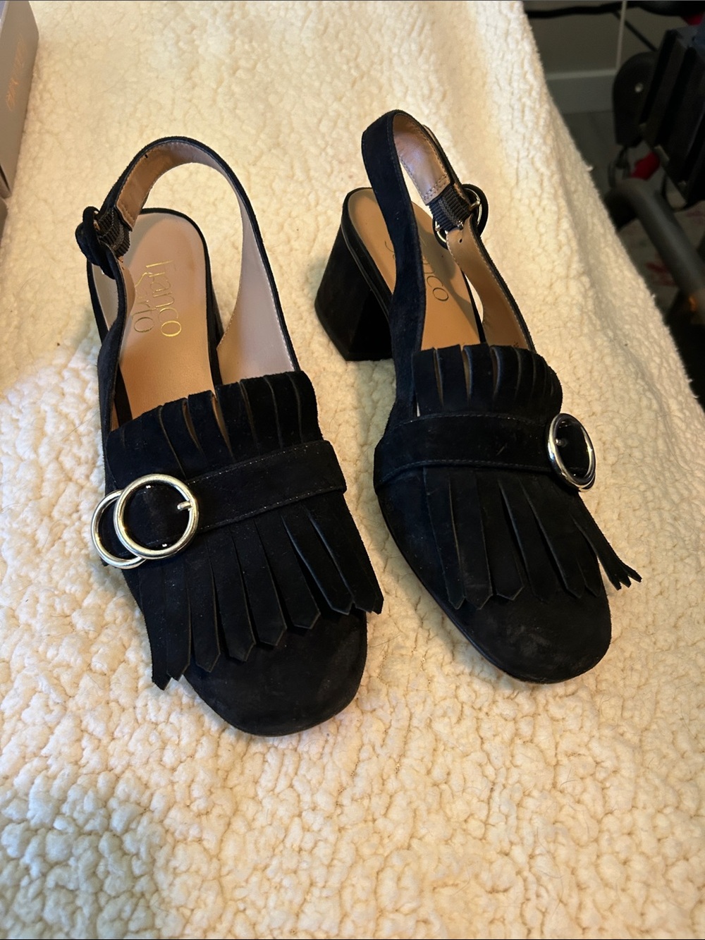 Franco Sarto Black Suede Fringe Slingback Heels with Silver Buckles